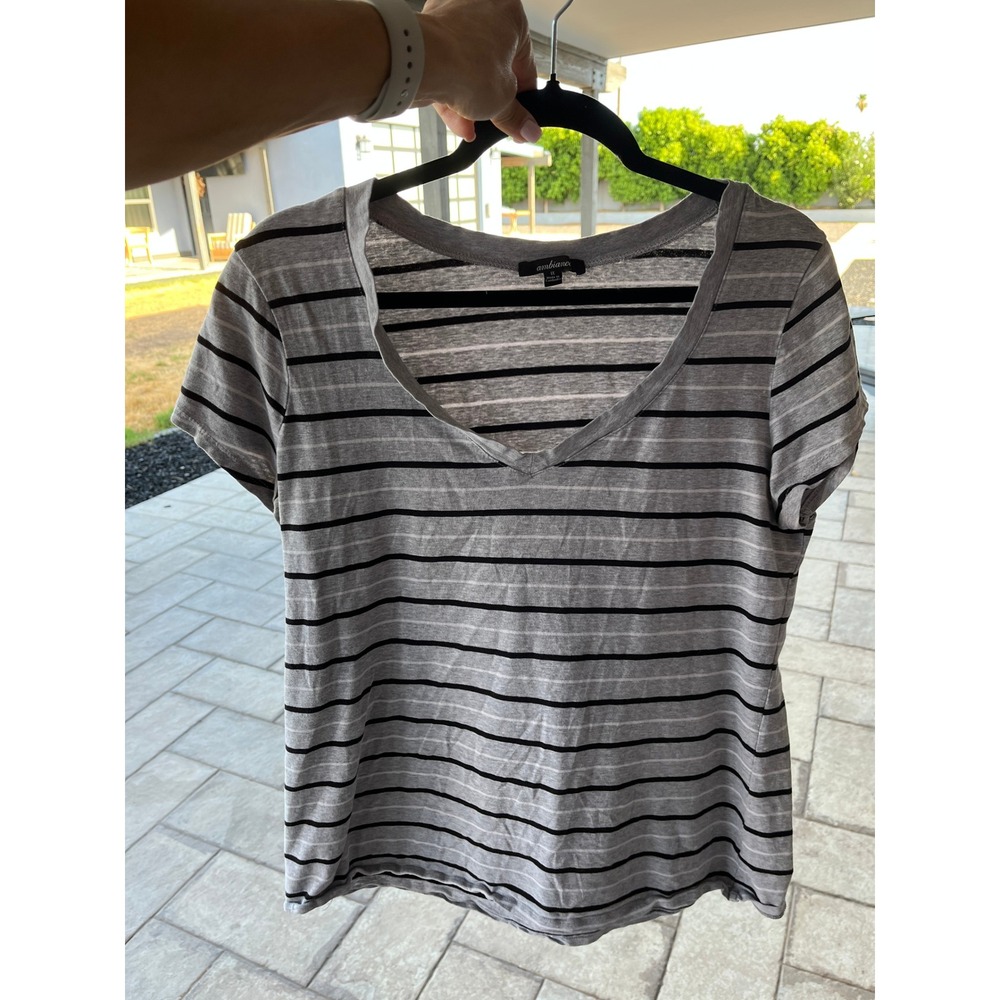 Ambiance Womens Gray Black Pinstripe V-Neck Short Sleeve Knit Top Plus Size 1X